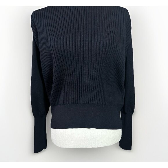 Cos Sweater Women’s XS Navy Blue 100% Wool Knit Mock Neck Ribbed *Flaw - Picture 4 of 13